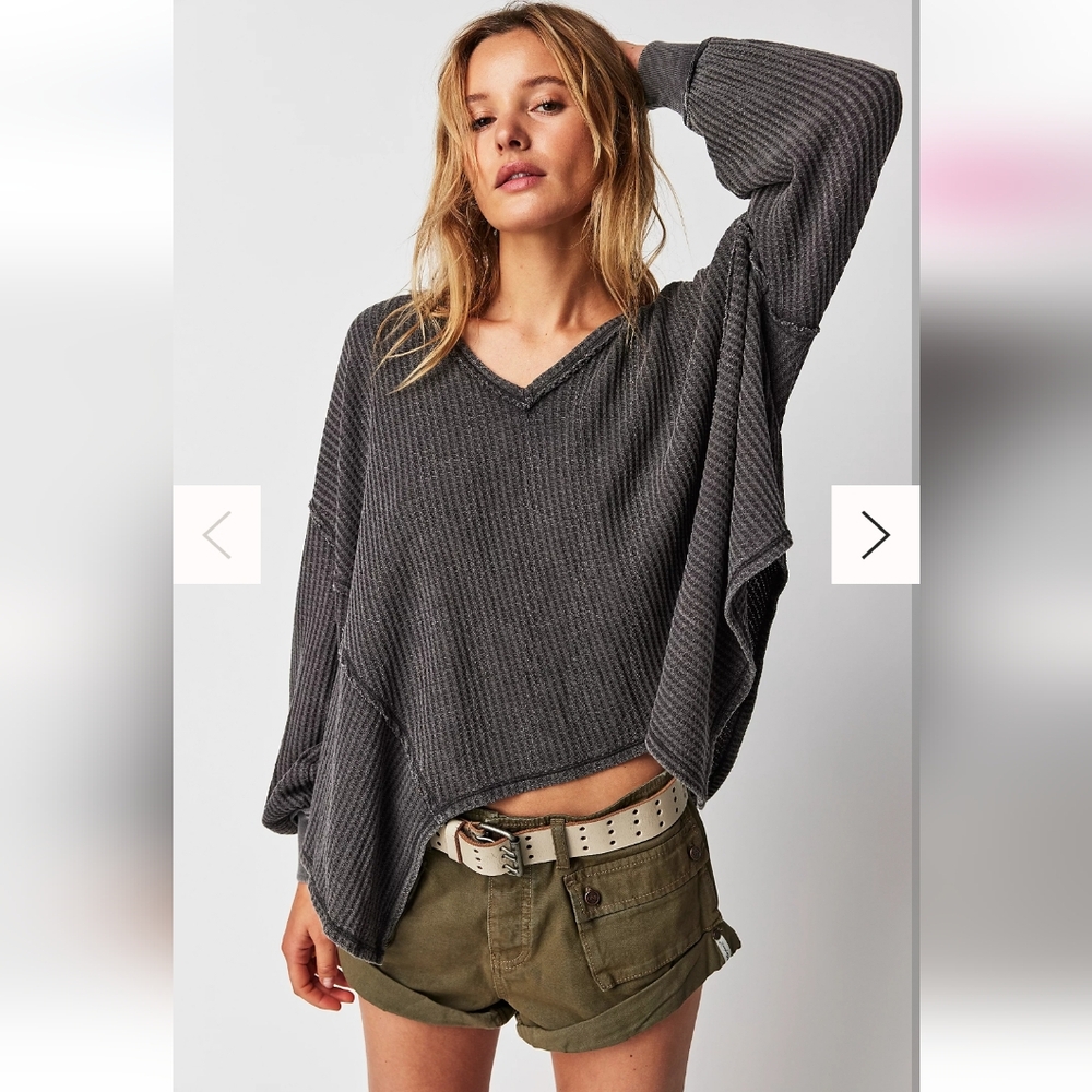 We The Free Coraline Thermal Long Sleeves Waffle Knit Top Black Gray NWT